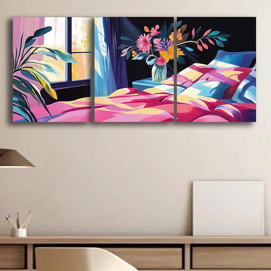 3pcs Illustration of Bedroom with Window Metal Print Ready to Hang Art