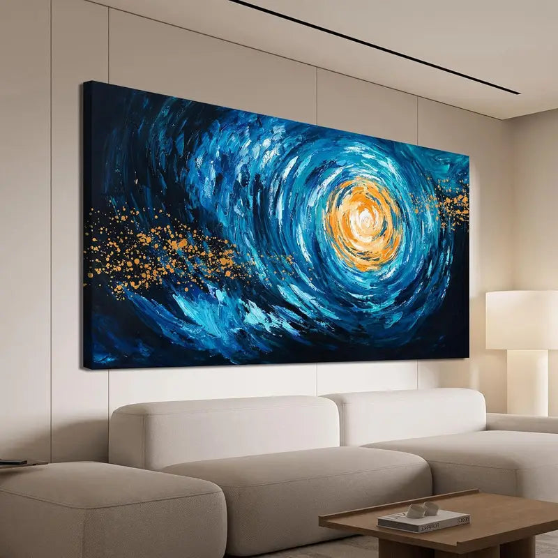 Coastal Beach Starry Nights Blue & Golden Wall Art canvas office home room framed 120x60cm