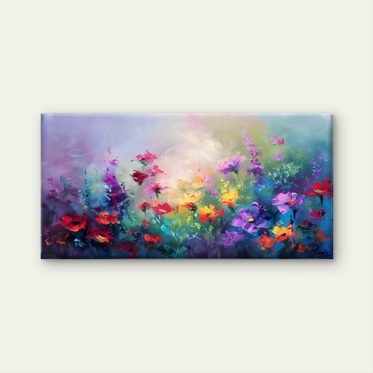 Vibrant Floral Meadow Wall Art Canvas Office Home Room Framed 80x45cm