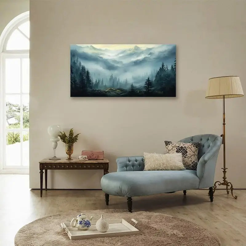 Misty Forest Serene Nature Scene Pine Trees & Misty Peaks Wall Art canvas office home room framed 120x60cm