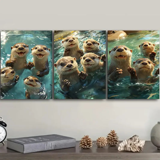 3pcs Playful Otters Metal Print Ready to Hang Art
