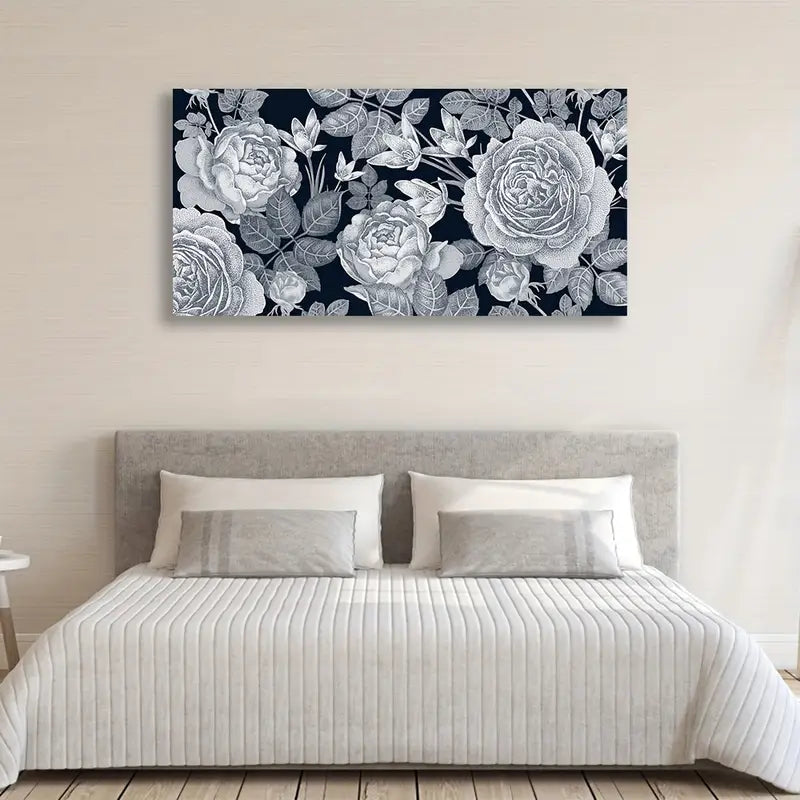 Intricate Roses and Leaves Botanical Wall Art canvas office home room framed 120x60cm
