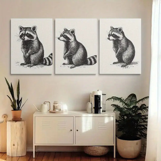 3pcs Vintage Raccoon Illustration Classic Design Metal Print Ready to Hang Art