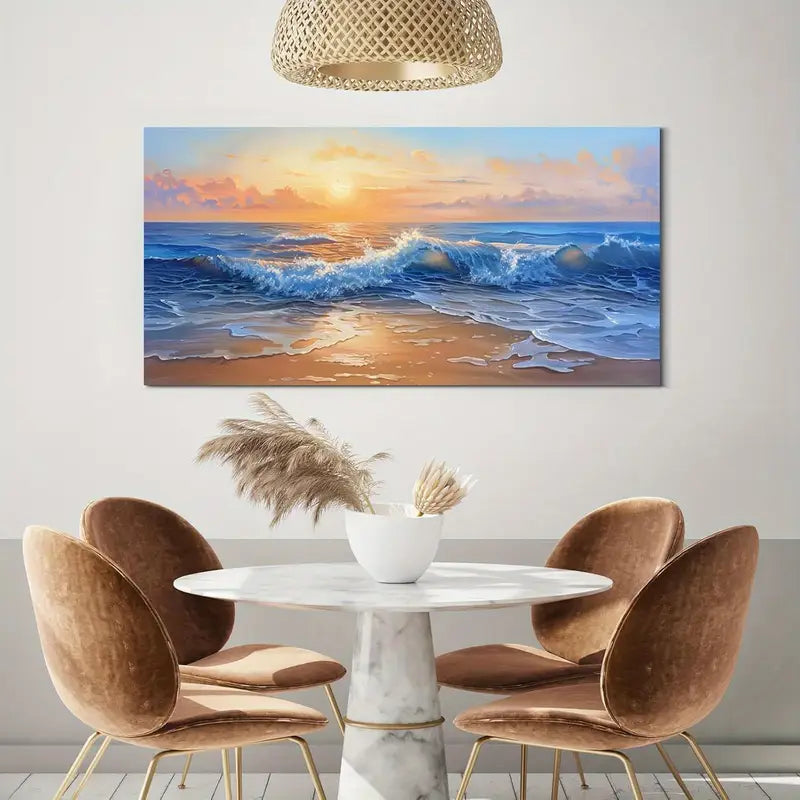 Vibrant Sunset Beach Waves Dynamic Ocean Wall Art canvas office home room framed 120x60cm