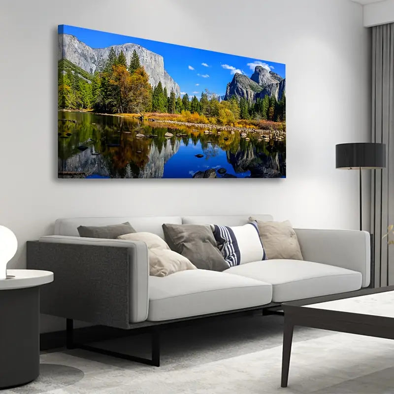 Mountain Lake Vibrant Autumn Foliage & Mirror Water Wall Art canvas office home room framed 80x45cm