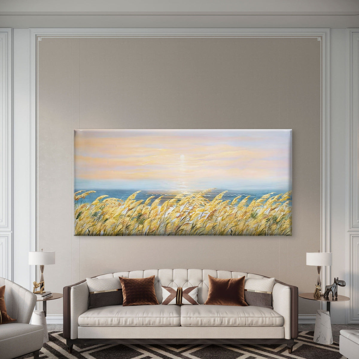 Sea with Golden Wheat Field Wall Art Canvas Office Home Room Framed 120x60cm