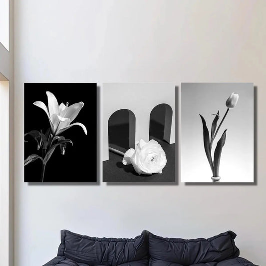 3pcs Black and White Botanical Bouquet Classic Design Metal Print Ready to Hang Art