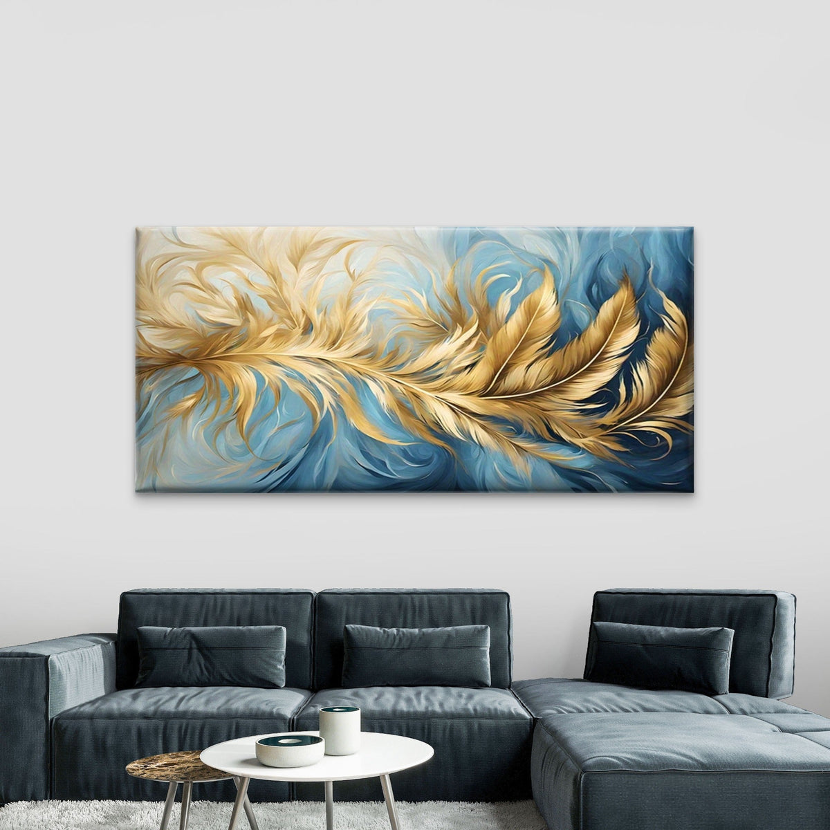 Golden Feathers on Blue Back Wall Art Canvas Office Home Room Framed 80x45cm