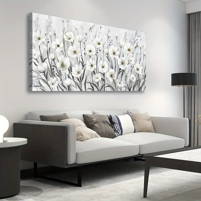 Grey White Wildflowers Botanical Elegant Floral Wall Art canvas office home room framed 120x60cm