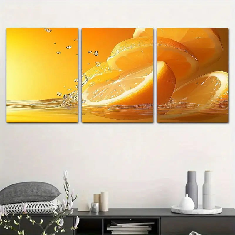 3pcs Vibrant Orange Juice Splash Refreshing Fruit Motif Metal Print Ready to Hang Art