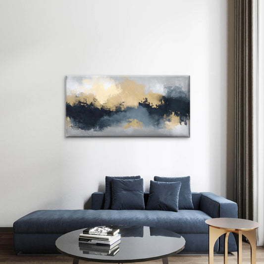Abstract Navy Gold Cloud Oil Paint Wall Art Canvas Office Home Framed 80x45cm