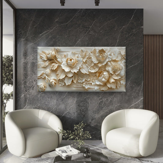 Elegant White Floral Relief Wall Art Canvas Office Home Room Framed 80x45cm