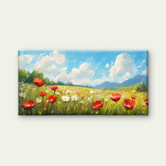 Red Poppy Flora Meadow Painting Wall Art Canvas Office Home Room Framed 80x45cm