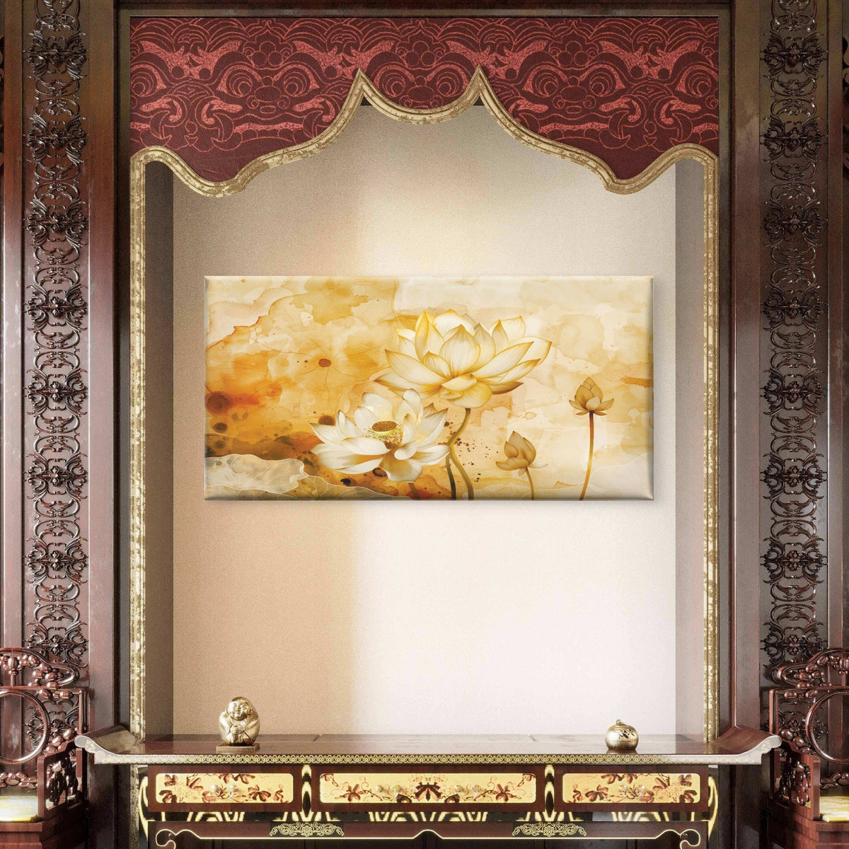 Golden Lotus Flower Floral Zen Wall Art Canvas Office Home Framed 80x45cm