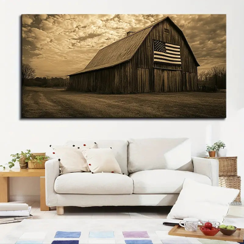 Vintage Rustic Farmhouse Barn & American Flag Wall Art wall canvas office home room framed 120x60cm