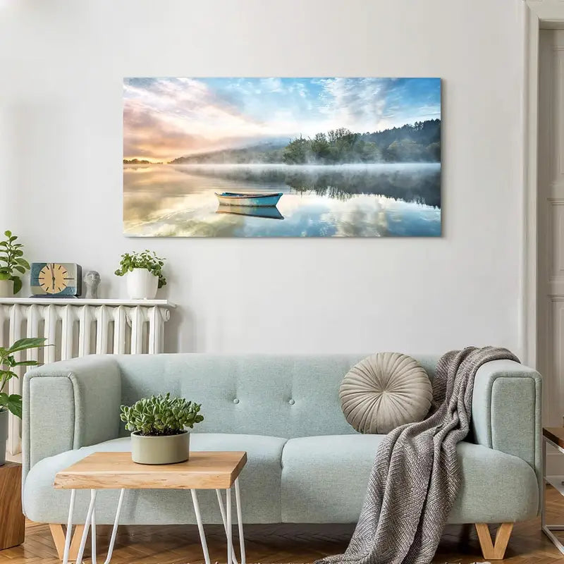 Modern Nature Boat Scene Lake Wall Art canvas office home room framed 120x60cm