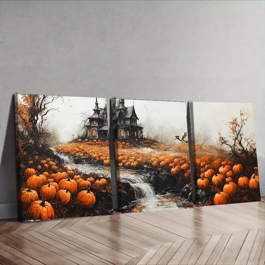 3pcs Luxurious Pumpkin Haunted House Metal Print Ready to Hang Art