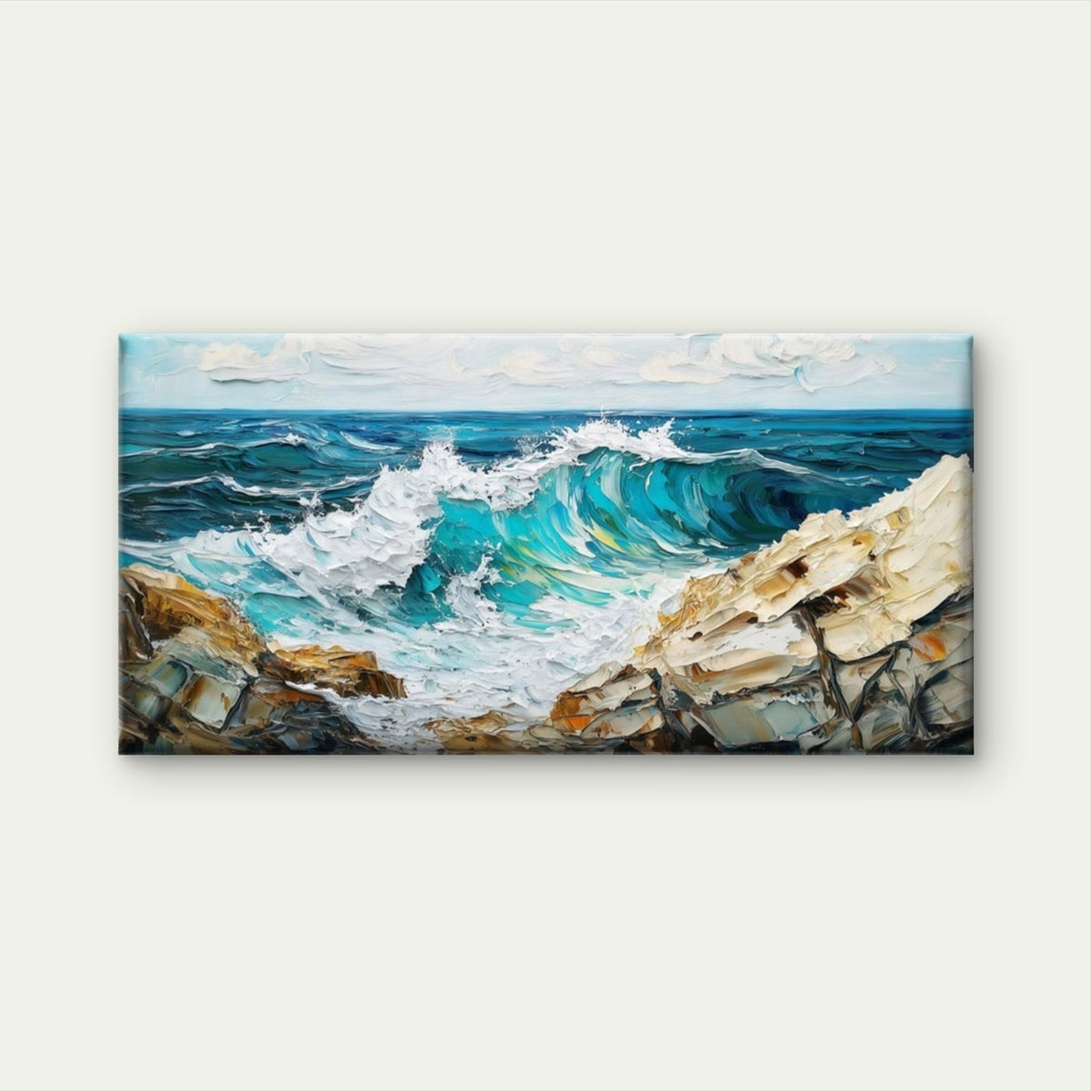 Ocean Waves & Rocky Coast Wall Art Canvas Office Home Room Framed 80x45cm
