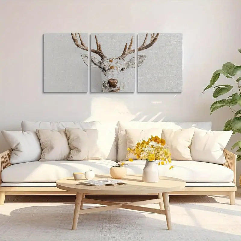 3pcs Rustic Deer Head White and Brown Metal Print Ready to Hang Art