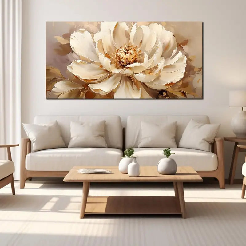 White Floral Beige & Golden Accent Wall Art canvas office home room framed 120x60cm