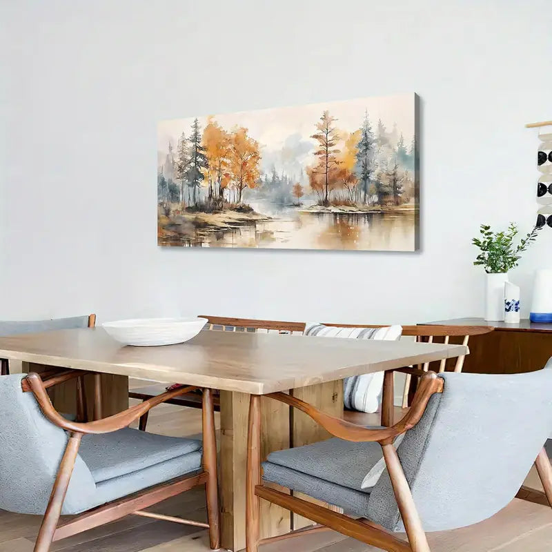 Autumn Lakeside Forest Wall Orange & Yellow Fall Foliage Art canvas office home room framed 120x60cm