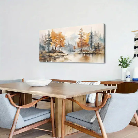 Autumn Lakeside Forest Wall Orange & Yellow Fall Foliage Art canvas office home room framed 120x60cm