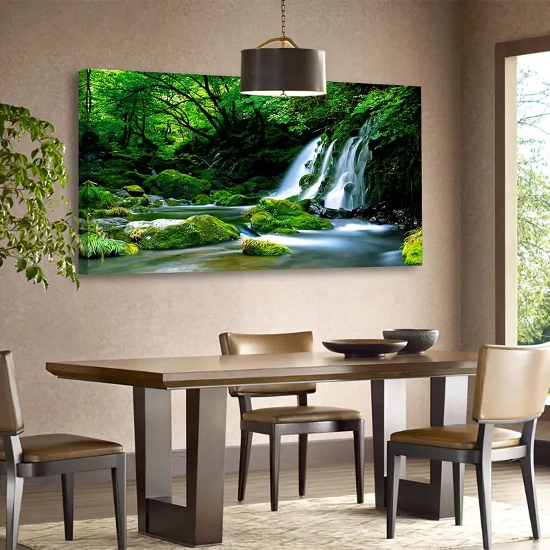 Green Forest Waterfall Scenery Wall Art canvas office home room framed 120x60cm
