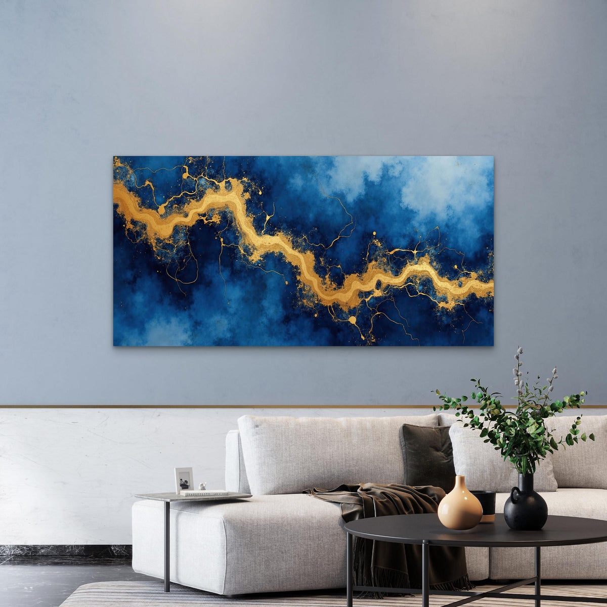 Azure Gold Marble Effect Wall Art Canvas Office Home Room Framed 120x60cm