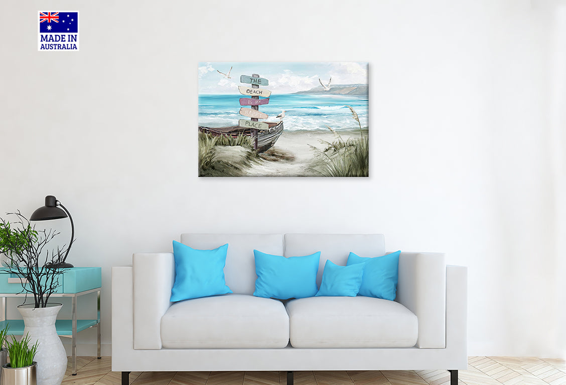 Painting Of a Boat Beach Is My Happy Place Print 100% Australian Made 60x40cm Stretched Canvas Ready to Hang