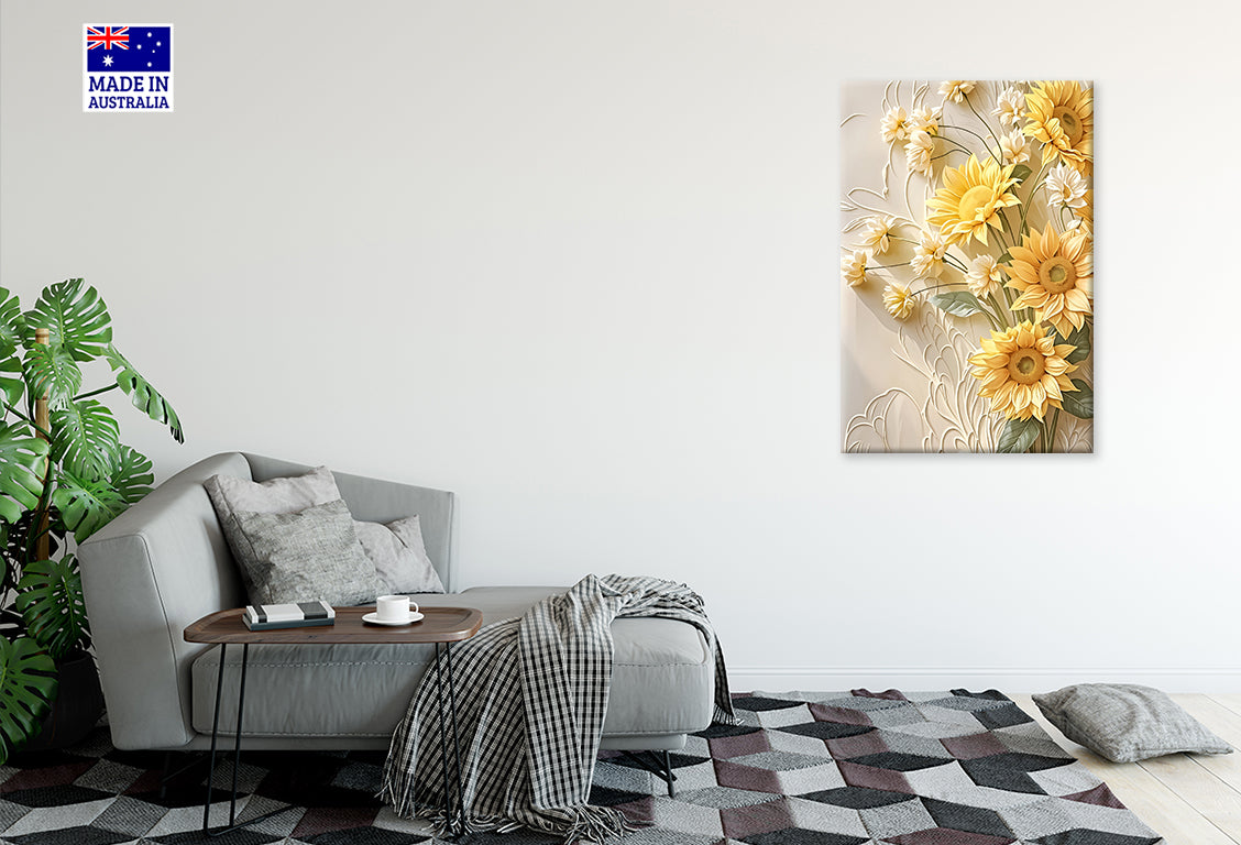 Bunch Of Yellow Flowers on White Wall Print 100% Australian Made 40x60cm Stretched Canvas Ready to Hang