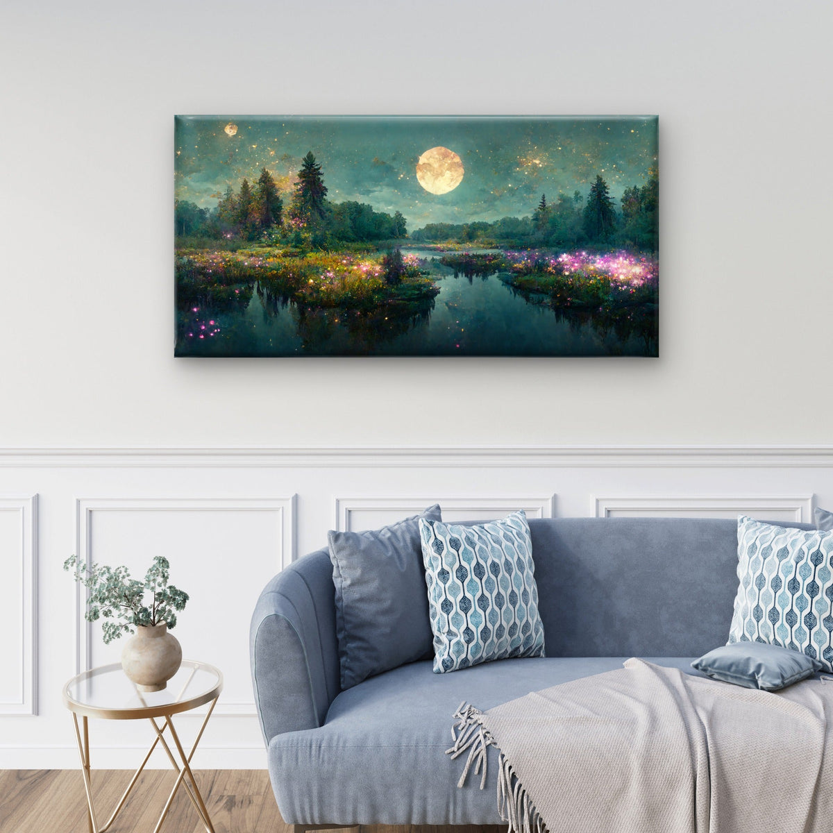 Magical Moonlit Forest Lake Wall Art Canvas Office Home Room Framed 120x60cm