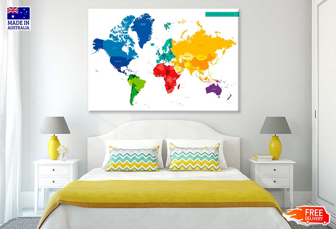 Color Vector Political World Map Print 100% Australian Made Stretched Canvas Ready to Hang - MP-105