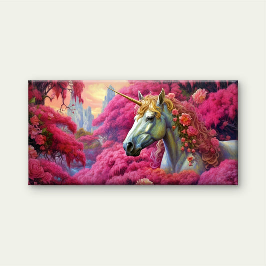 Pink Floral Fantasy Unicorn Magical Wall Art Canvas Office Home Framed 80x45cm
