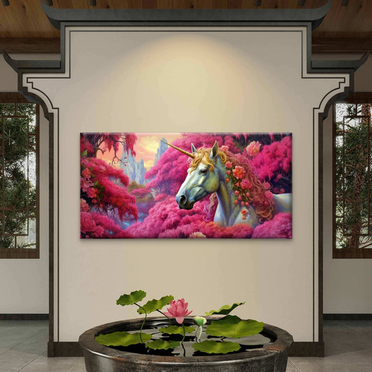 Pink Floral Fantasy Unicorn Magical Wall Art Canvas Office Home Framed 80x45cm