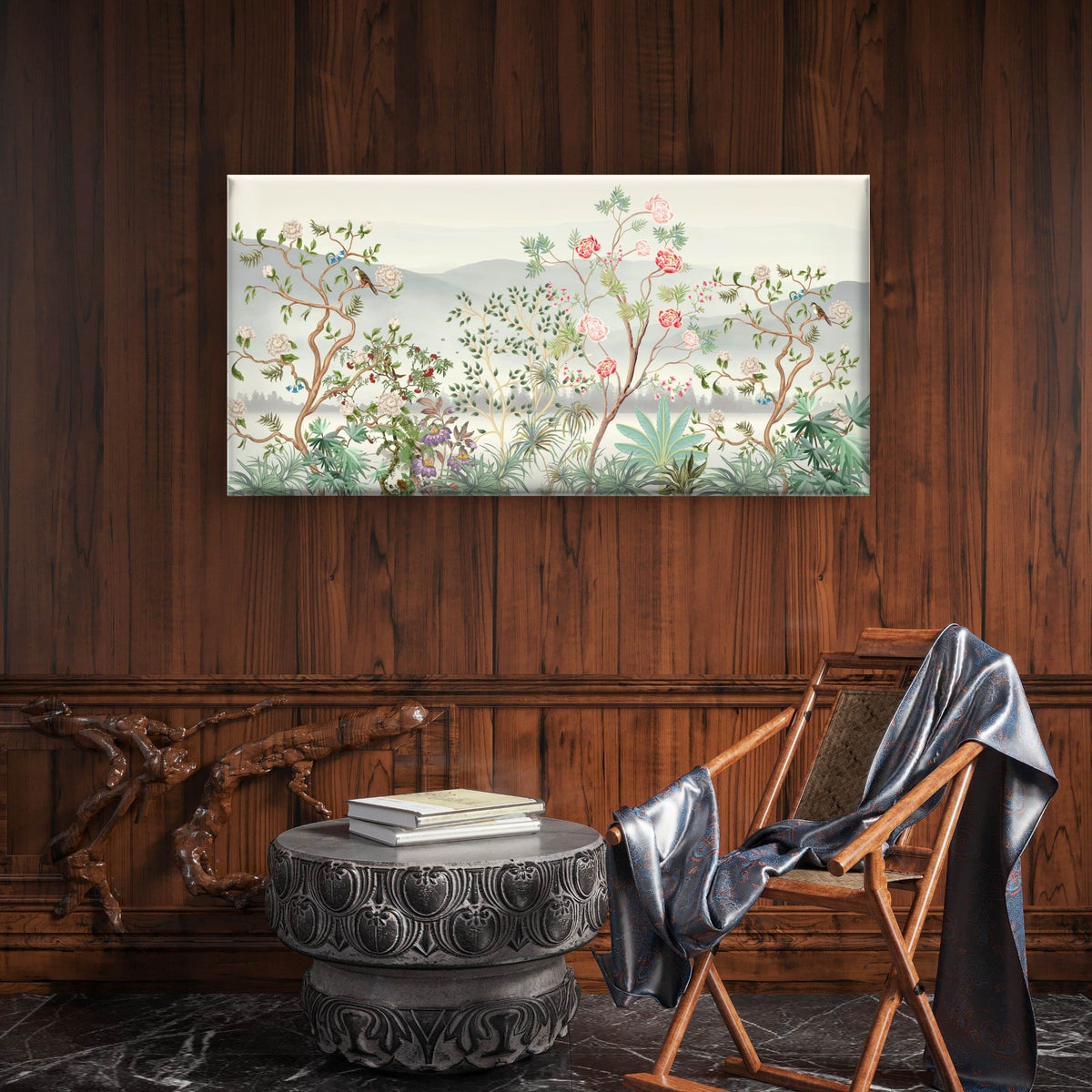 Chinoiserie Floral & Bird Tree Wall Art Canvas Office Home Room Framed 80x45cm