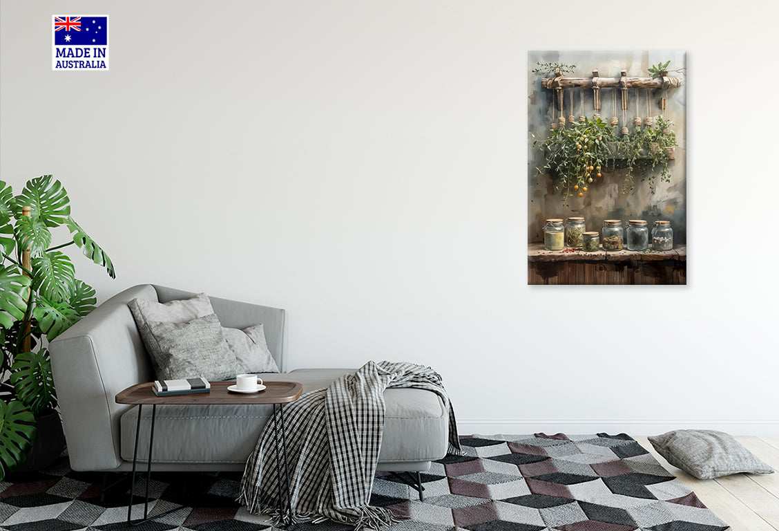 Painting Of Shelf with Jars and Plants Print 100% Australian Made 40x60cm Stretched Canvas Ready to Hang