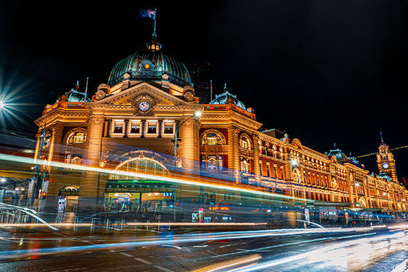 Flinders Station Night View Melbourne Print 100% Australian Made Stretched Canvas Ready to Hang - AU-105