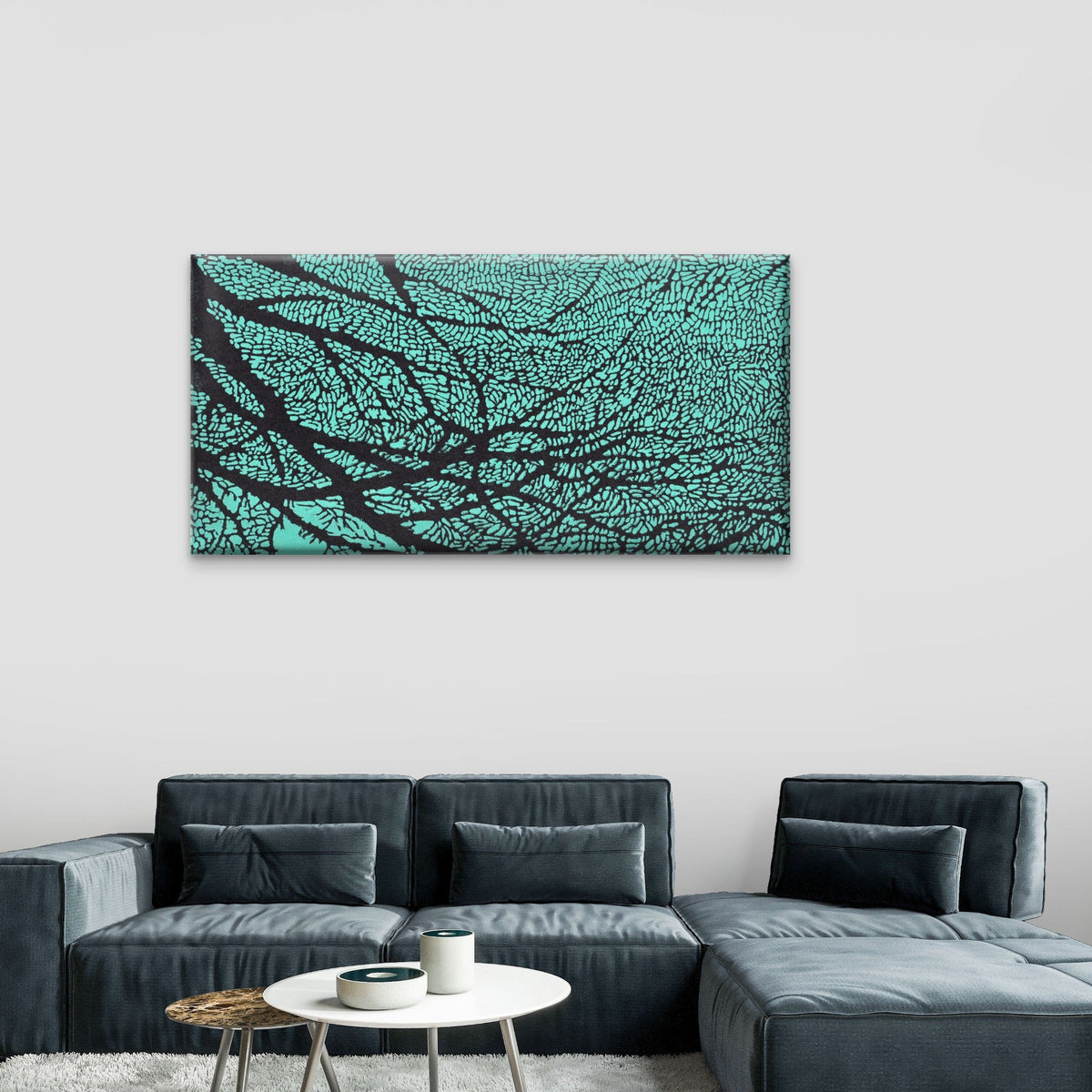 Teal Organic Cellular Pattern Wall Art Canvas Office Home Room Framed 120x60cm