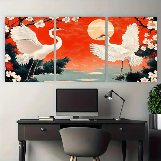 3pcs Red White Golden Green Paint Crane Metal Print Ready to Hang Art