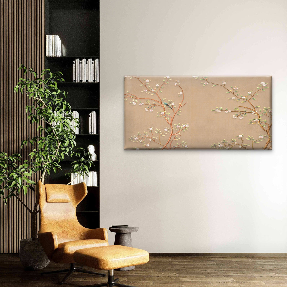Chinoiserie Bird Blossom Beige Wall Art Canvas Office Home Room Framed 120x60cm