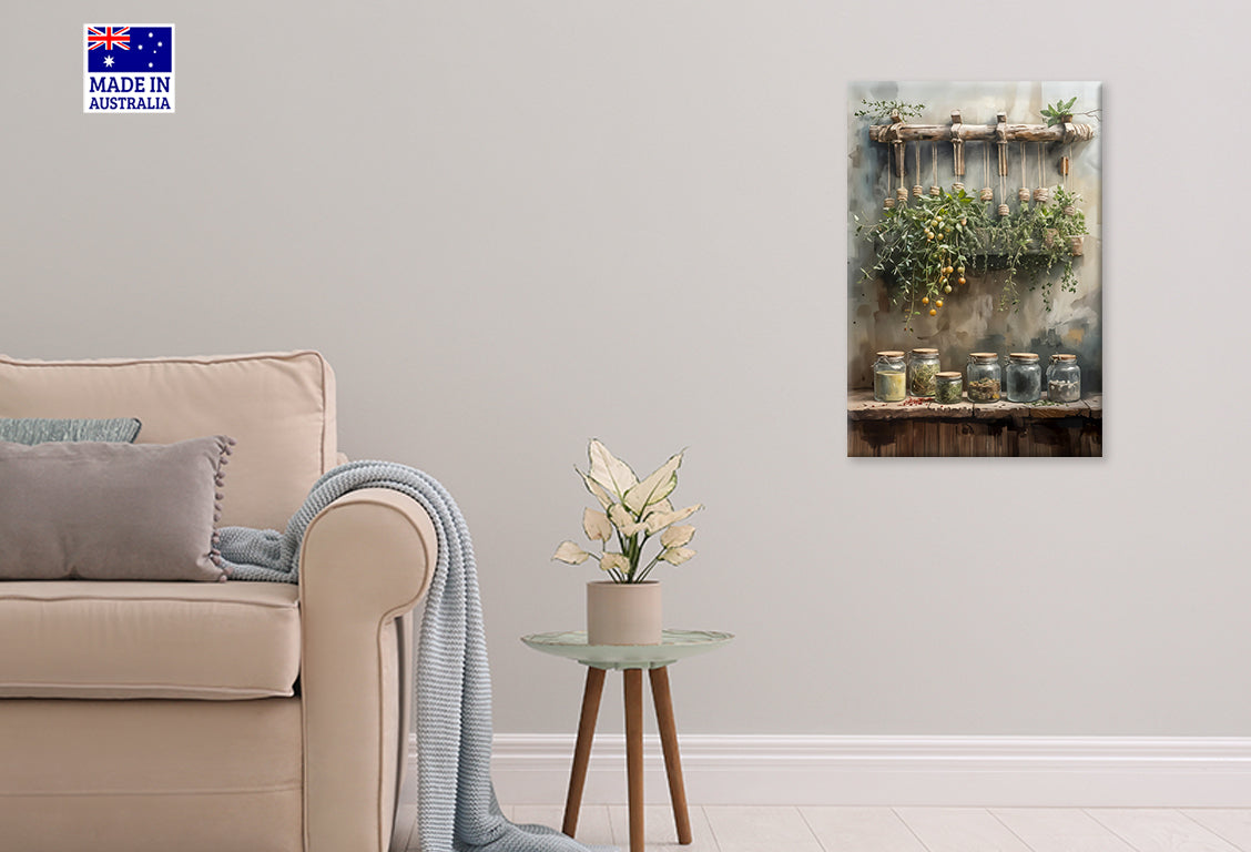 Painting Of Shelf with Jars and Plants Print 100% Australian Made 40x60cm Stretched Canvas Ready to Hang