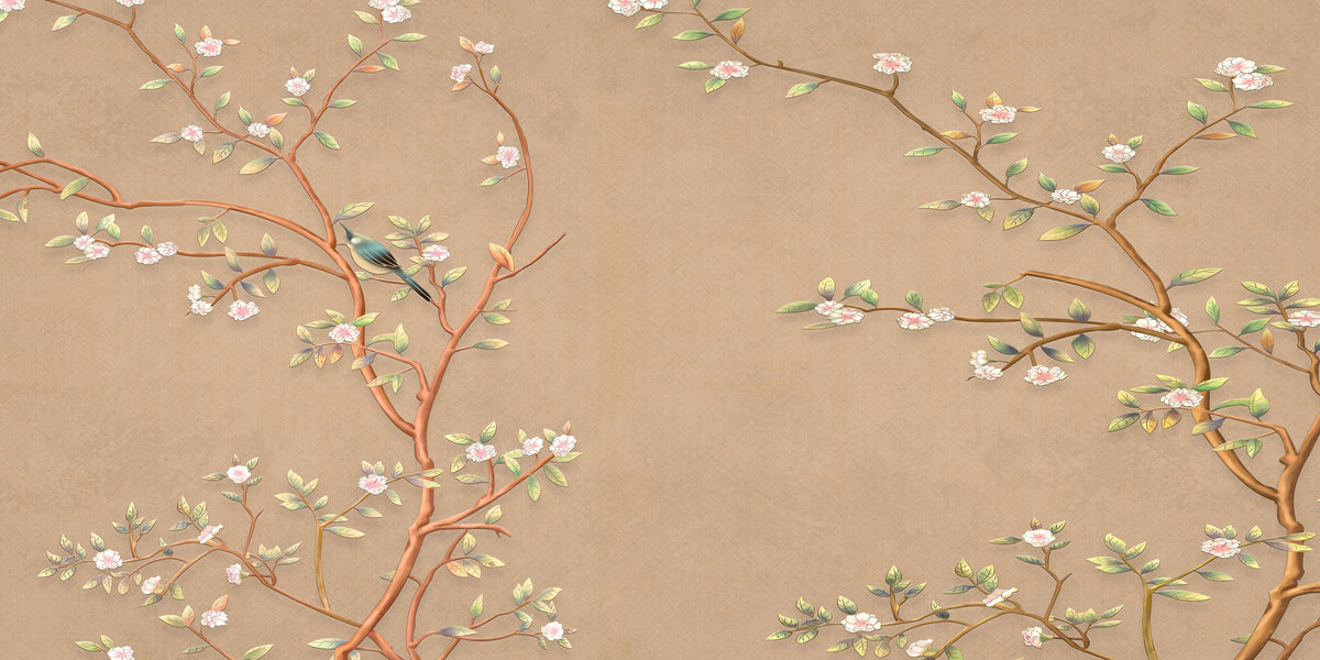 Chinoiserie Bird Blossom Beige Wall Art Canvas Office Home Room Framed 120x60cm