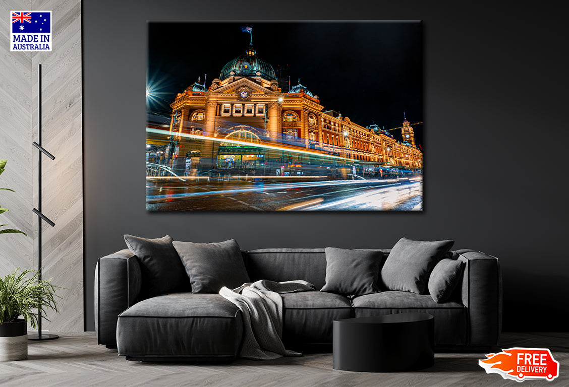 Flinders Station Night View Melbourne Print 100% Australian Made Stretched Canvas Ready to Hang - AU-105