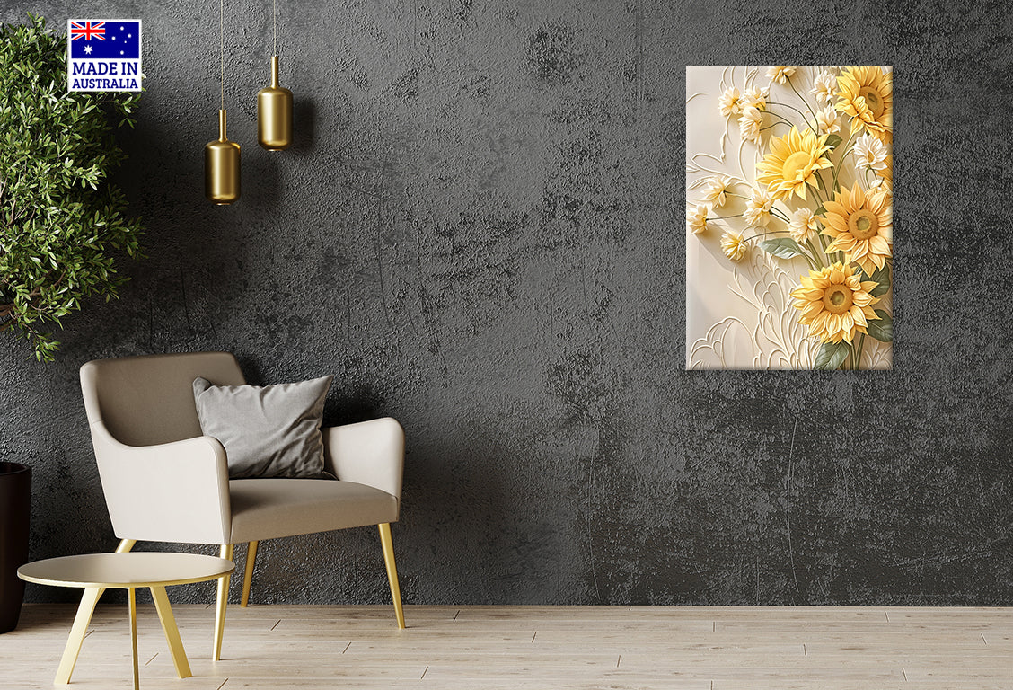 Bunch Of Yellow Flowers on White Wall Print 100% Australian Made 40x60cm Stretched Canvas Ready to Hang