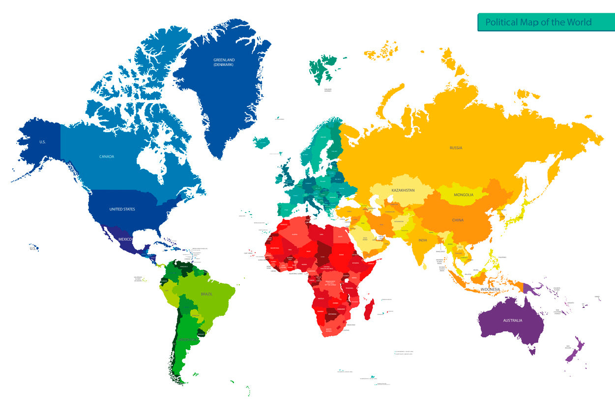 Color Vector Political World Map Print 100% Australian Made Stretched Canvas Ready to Hang - MP-105