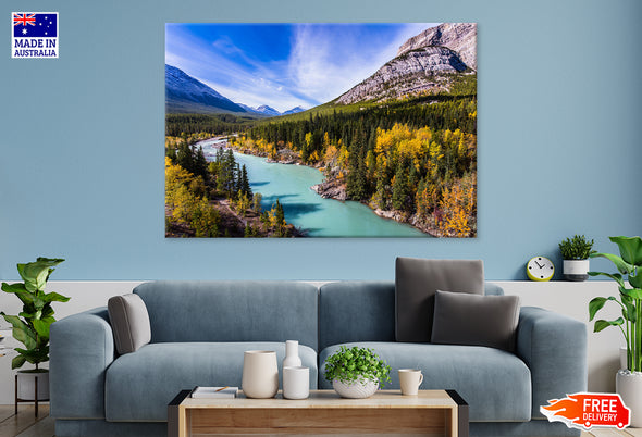 Pine Trees Covered River & Mountains Print 100% Australian Made Stretched Canvas Ready to Hang - NT-105