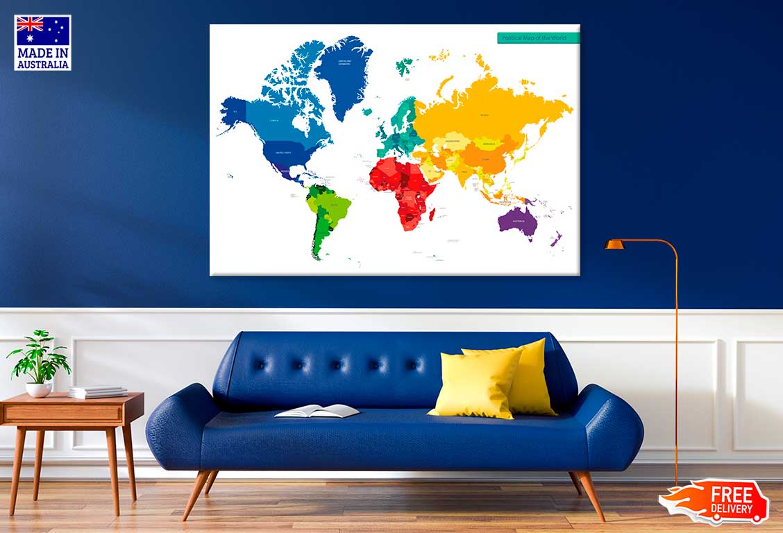 Color Vector Political World Map Print 100% Australian Made Stretched Canvas Ready to Hang - MP-105