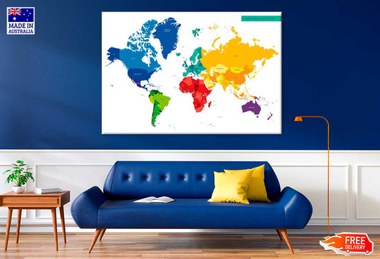 Color Vector Political World Map Print 100% Australian Made Stretched Canvas Ready to Hang - MP-105