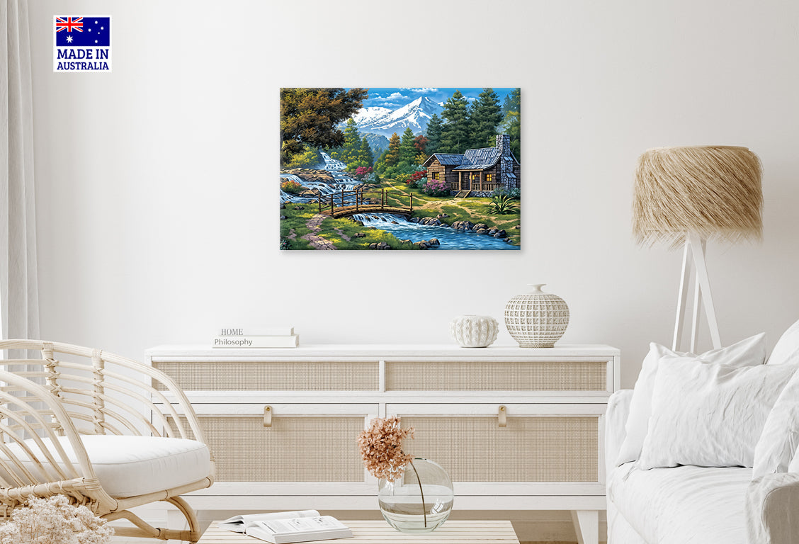 Cascading Waterfall Mountain Village Print 100% Australian Made 60x40cm Stretched Canvas Ready to Hang