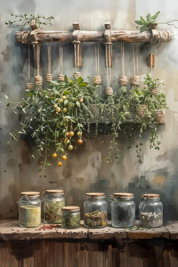 Painting Of Shelf with Jars and Plants Print 100% Australian Made 40x60cm Stretched Canvas Ready to Hang